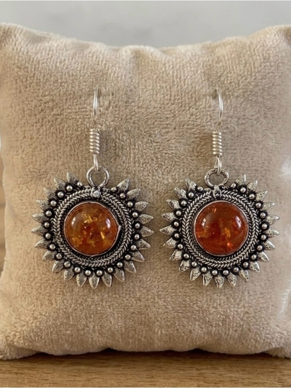 Amber Sunburst Dangle Earrings Silver Plated Boho Statement